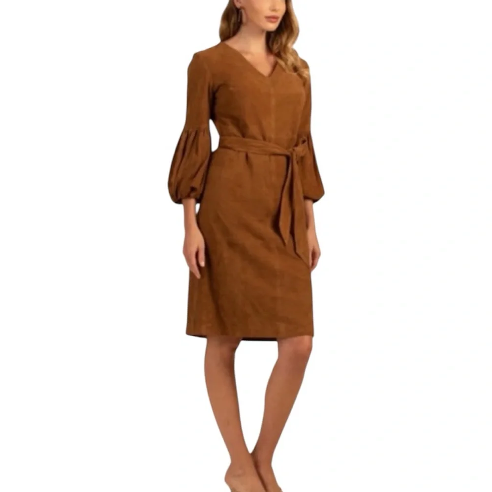 NWT Trina Turk the Priya dress in goat leather cognac size 8 - Picture 1 of 7